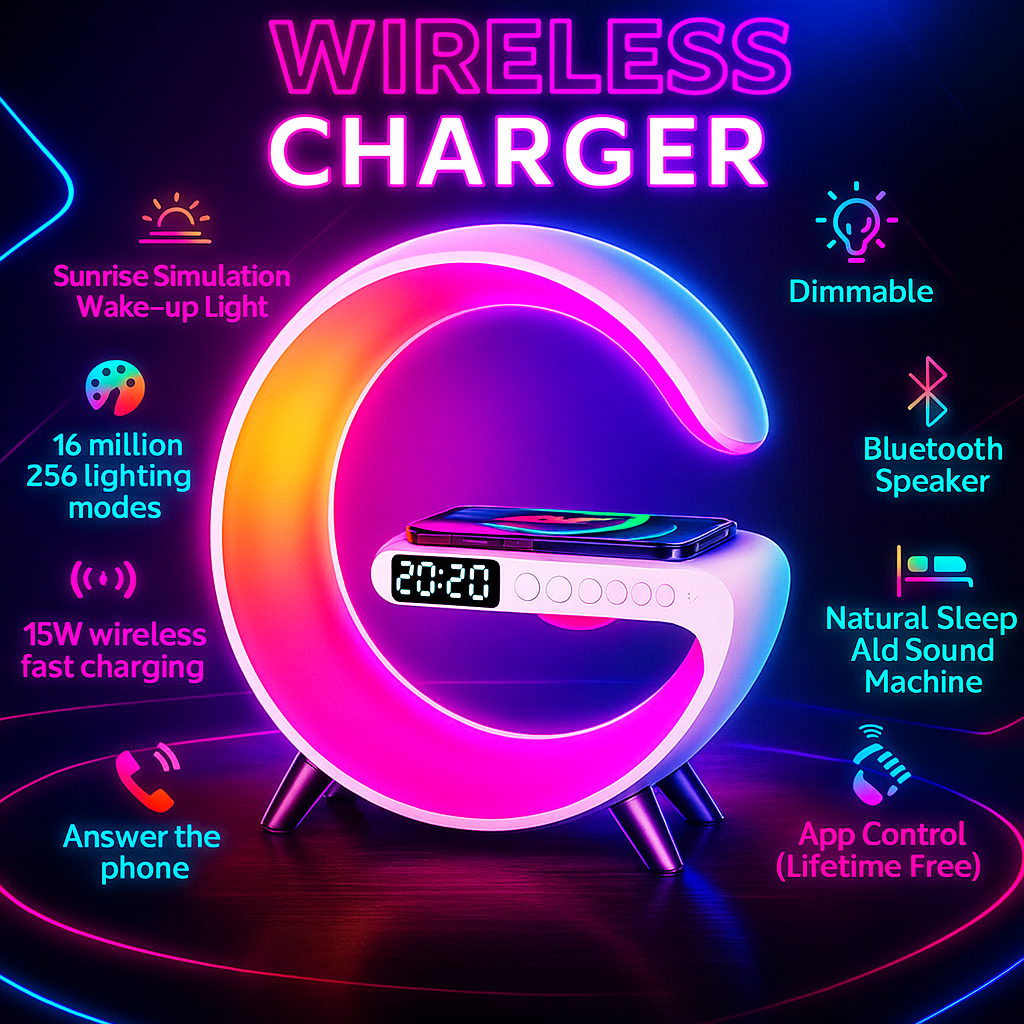 RGB Night Light Lamp Multifunctional Wireless Speaker, Multifunctional Wireless Speaker with Alarm Clock, Wireless Charger Station Pad for Iphone, Samsung, Xiaomi, Huawei, USB Night Light