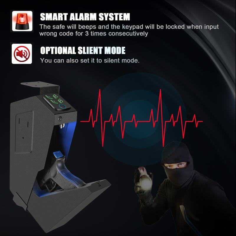 Biometric Mounted Gun Safe for Nightstand, Desk, Bed Side, Wall,Truck - Auto Open Hidden Handgun Safe-With Fingerprint, 4-Button Backlit Keypad, KEY Home Office