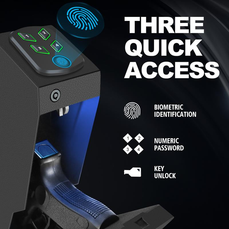 Biometric Mounted Gun Safe for Nightstand, Desk, Bed Side, Wall,Truck - Auto Open Hidden Handgun Safe-With Fingerprint, 4-Button Backlit Keypad, KEY Home Office