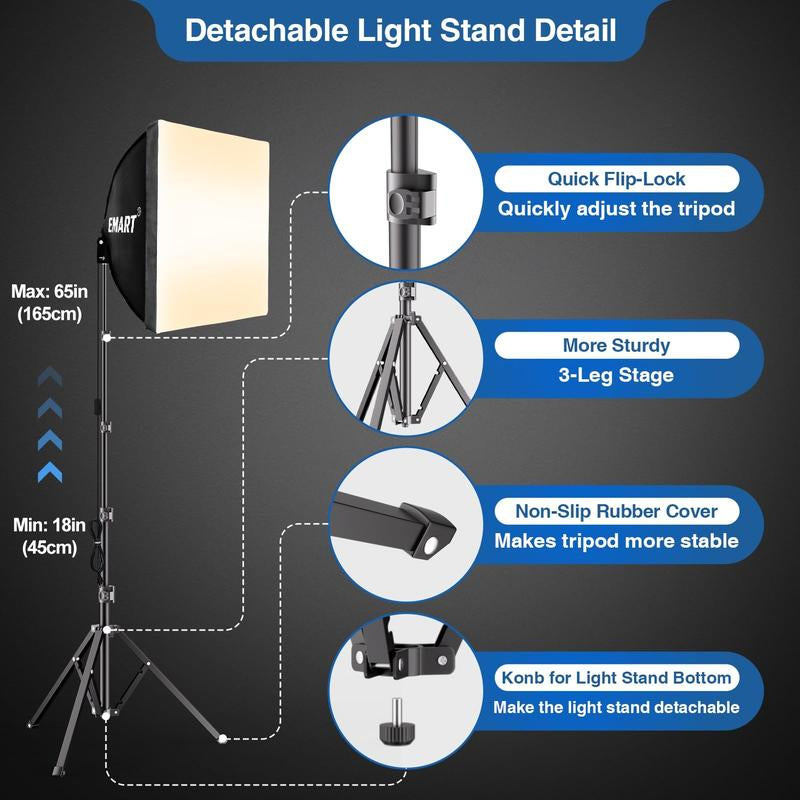 EMART Softbox Lighting Kit 16X16In 3000-6500K Adjustable for Shooting 85W LED Bulbs with Remote 65" Tripod Professional Softbox Photography Lighting Kit for Studio Portrait Video Recording