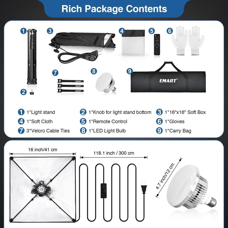EMART Softbox Lighting Kit 16X16In 3000-6500K Adjustable for Shooting 85W LED Bulbs with Remote 65" Tripod Professional Softbox Photography Lighting Kit for Studio Portrait Video Recording