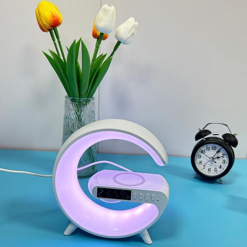 RGB Night Light Lamp Multifunctional Wireless Speaker, Multifunctional Wireless Speaker with Alarm Clock, Wireless Charger Station Pad for Iphone, Samsung, Xiaomi, Huawei, USB Night Light