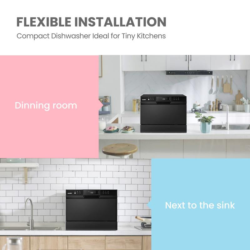 COMFEE’ Portable Mini Dishwasher, Energy Star, Countertop, 6 Place Settings, with 8 Washing Programs, Speed, Baby-Care, ECO& Glass, Dish Washer for Dorm, RV& Apartment, White, Fall Deals