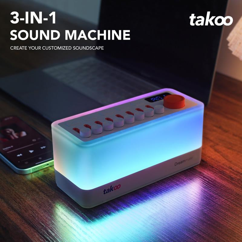 TAKOO 3-In-1 Sound Machine, Mixable 7 Nature Sounds & White Noise, 30-Level Night Lights, 11 Ambient Lights, 180-Min Timer for Sleep Aid, Relaxing, Kids, Meditation, Gift, Smartphone, Audio
