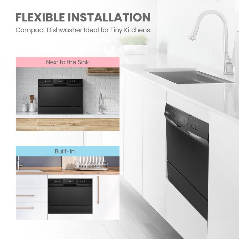 COMFEE’ Portable Mini Dishwasher, Energy Star, Countertop, 6 Place Settings, with 8 Washing Programs, Speed, Baby-Care, ECO& Glass, Dish Washer for Dorm, RV& Apartment, White, Fall Deals