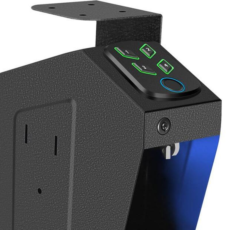 Biometric Mounted Gun Safe for Nightstand, Desk, Bed Side, Wall,Truck - Auto Open Hidden Handgun Safe-With Fingerprint, 4-Button Backlit Keypad, KEY Home Office