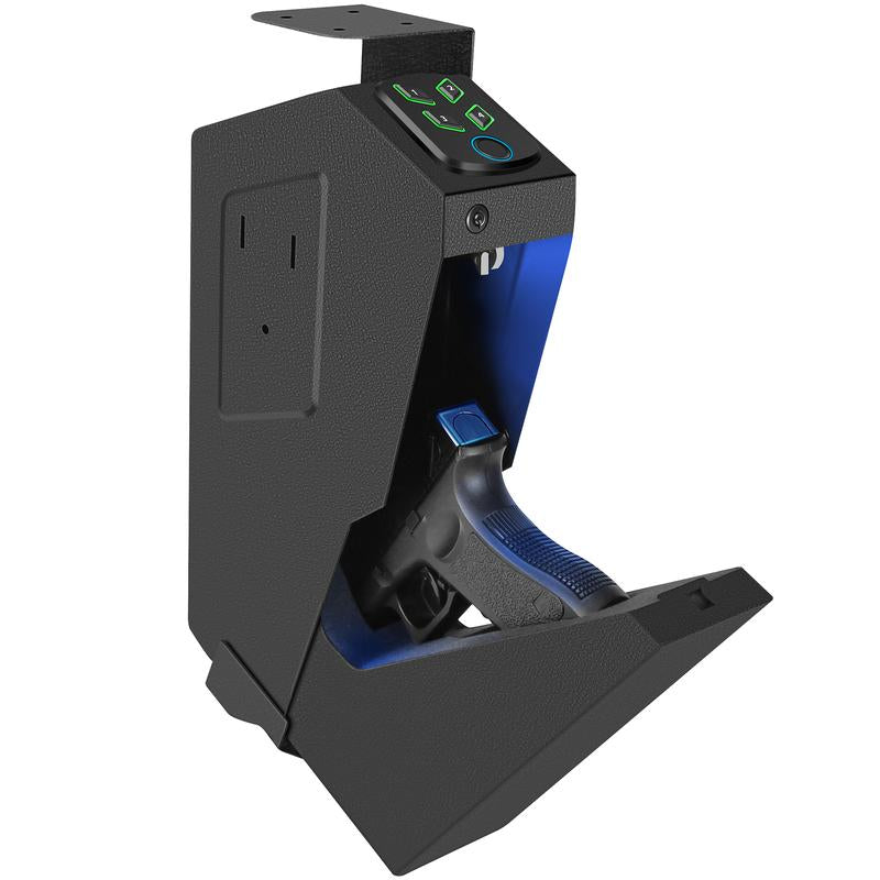 Biometric Mounted Gun Safe for Nightstand, Desk, Bed Side, Wall,Truck - Auto Open Hidden Handgun Safe-With Fingerprint, 4-Button Backlit Keypad, KEY Home Office