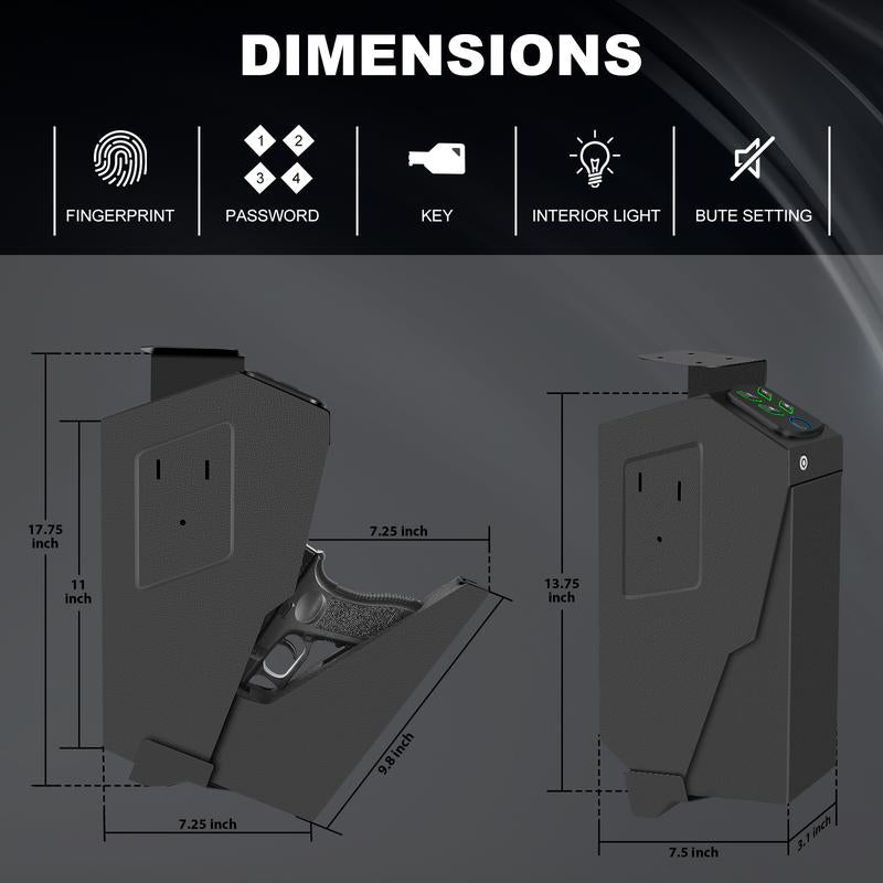 Biometric Mounted Gun Safe for Nightstand, Desk, Bed Side, Wall,Truck - Auto Open Hidden Handgun Safe-With Fingerprint, 4-Button Backlit Keypad, KEY Home Office