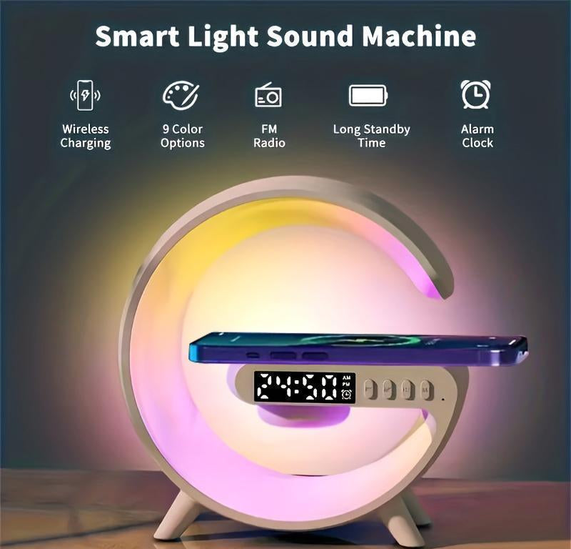 RGB Night Light Lamp Multifunctional Wireless Speaker, Multifunctional Wireless Speaker with Alarm Clock, Wireless Charger Station Pad for Iphone, Samsung, Xiaomi, Huawei, USB Night Light