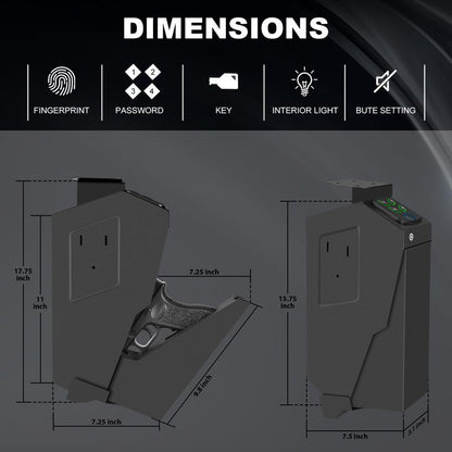 Biometric Mounted Gun Safe for Nightstand, Desk, Bed Side, Wall,Truck - Auto Open Hidden Handgun Safe-With Fingerprint, 4-Button Backlit Keypad, KEY Home Office